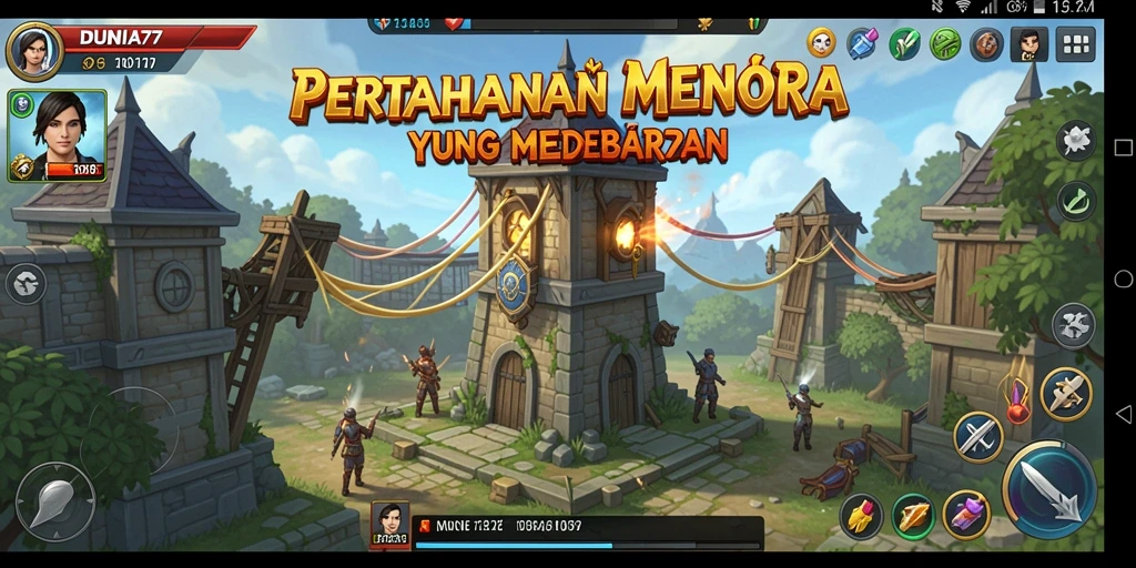 Tampilan gameplay DUNIA77 dengan menara yang mempertahankan wilayah dari serangan musuh.