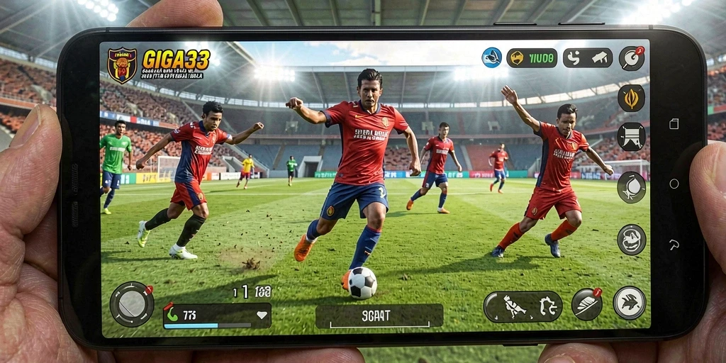 Tampilan gameplay GIGA33 dengan aksi seru di lapangan sepak bola.