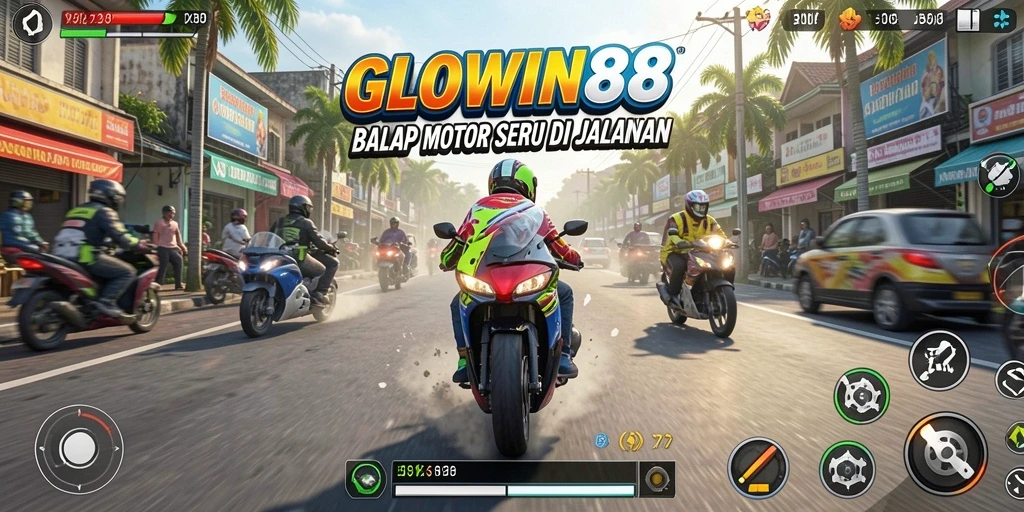 Screenshot GLOWIN88 menampilkan aksi balap motor yang intens dan menantang.