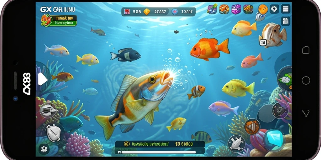 Gambar menunjukkan aksi menembak ikan yang seru di GX88.