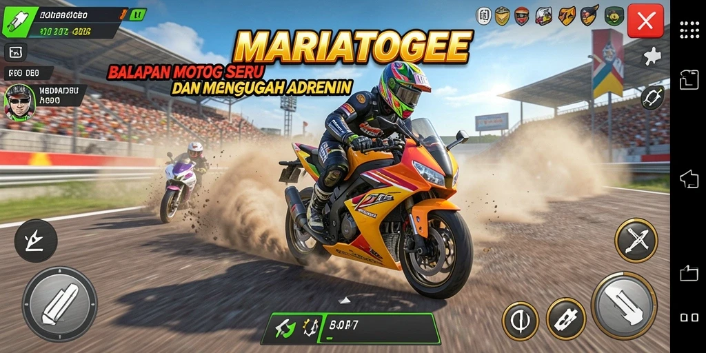 Tampilan gameplay seru MARIATOGEL dengan balapan motor penuh aksi.