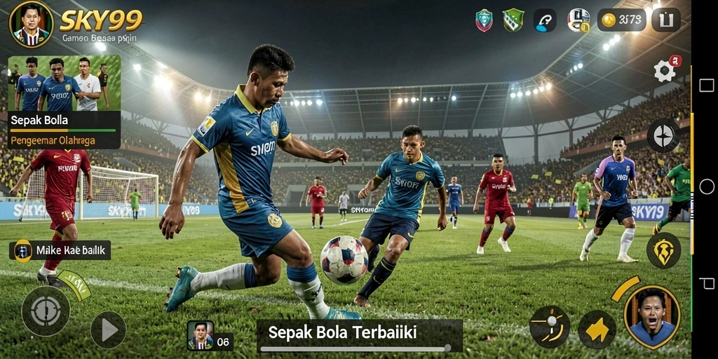 Tampilan gameplay menarik dari SKY99 dengan aksi sepak bola yang seru.